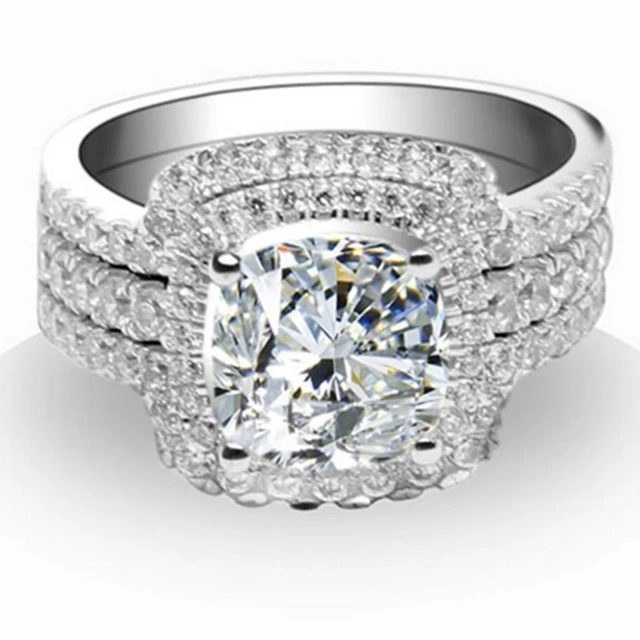 Alt view image 3 of 7 - White Gold Plated Perfect 3CT Cushion Engagement Ring Wedding Bands NSCD Simulated Diamond Rings Set 8.5