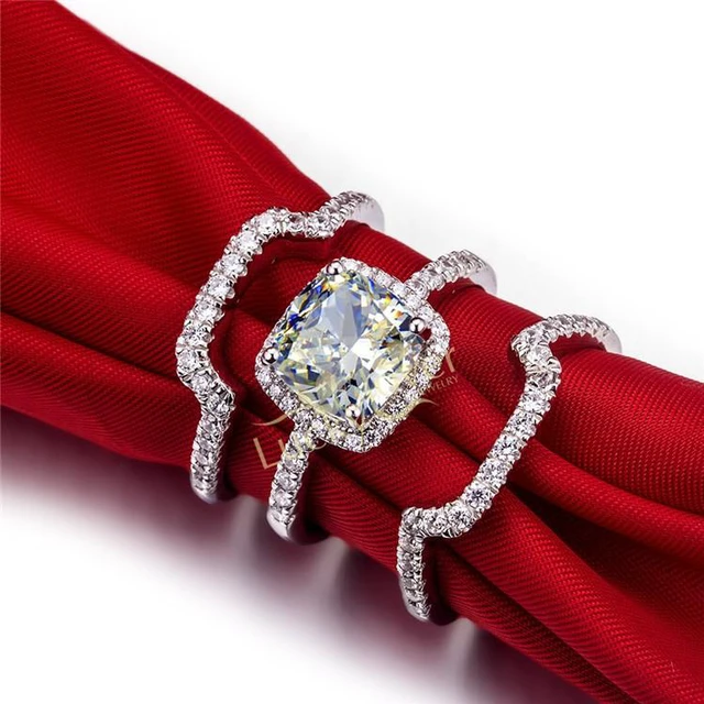 Alt view image 2 of 7 - White Gold Plated 2CT Cushion Engagement Ring Wedding Bands NSCD Simulated Diamond Rings Set Women 5