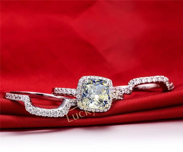 Alt view image 6 of 7 - White Gold Plated 2CT Cushion Engagement Ring Wedding Bands NSCD Simulated Diamond Rings Set Women 5