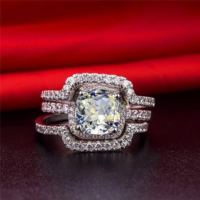 Alt view image 4 of 7 - White Gold Plated 2CT Cushion Engagement Ring Wedding Bands NSCD Simulated Diamond Rings Set Women 5