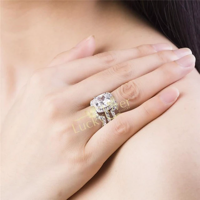 Alt view image 5 of 7 - White Gold Plated 2CT Cushion Engagement Ring Wedding Bands NSCD Simulated Diamond Rings Set Women 5