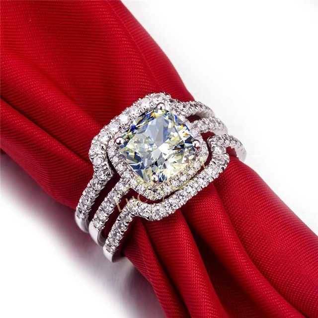 Alt view image 7 of 7 - White Gold Plated 2CT Cushion Engagement Ring Wedding Bands NSCD Simulated Diamond Rings Set Women 5
