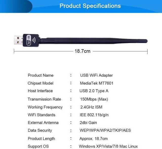 Alt view image 3 of 5 - CHIPAL 150Mbps USB WiFi Receiver Adapter MT7601 Lan Wireless Network Card 5dbi Antenna for XP Vista Windows 7 Linux MAC OS X