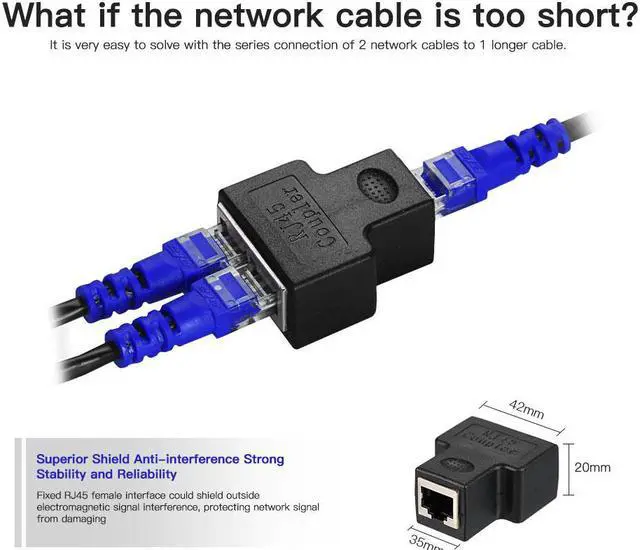 Alt view image 2 of 4 - RJ45 Splitter Adapter Connector 1 to 2 Female Ports Ethernet Cables Socket Splitter Hub PC Laptop Router Contact Modular Plug