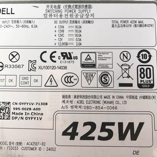 Alt view image 3 of 3 - Power supply 425W AC425EF-02 D425EF-02 0YFY1V 0DNR74 For DELL T3610 T5810 T7810 Switching power supply YFY1V DNR74