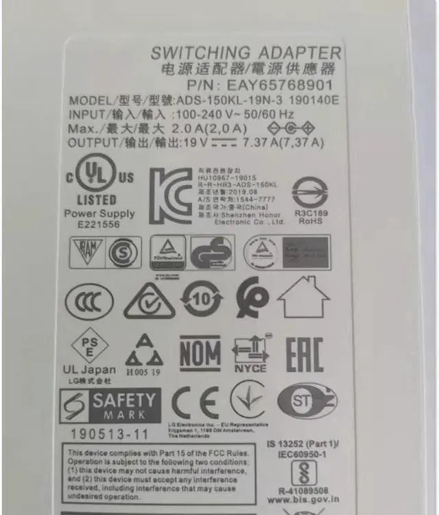 Alt view image 2 of 4 - Genuine LCAP31 19V 7.37A 140W ADS-150KL-19N-3 AC Adapter For LG QHD MONITOR 27UD68-W 34UM9SP 34UM94 34UM95 34UC99 Power Charger