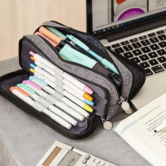 OIAGLH ANGOO 2 Pcs Large Pencil Case Big Capacity 3 Compartments Canvas  Pencil Pouch, White Pink & Grey 