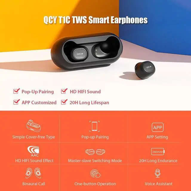 Alt view image 6 of 7 - Global Version QCY T1C TWS Earphones BT 5.0 Smart Stereo Earbuds Pop-up Fast Pairing In-ear Sports Headset QCY APP Headphones with Dual Mic Charging Box