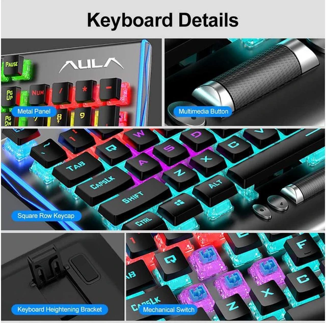 Alt view image 2 of 7 - AULA F2099 Mechanical Gaming Keyboard, 104 Keys Programmable, LED Backlit, Durable Metal Structure, USB Wired Gaming Keyboard