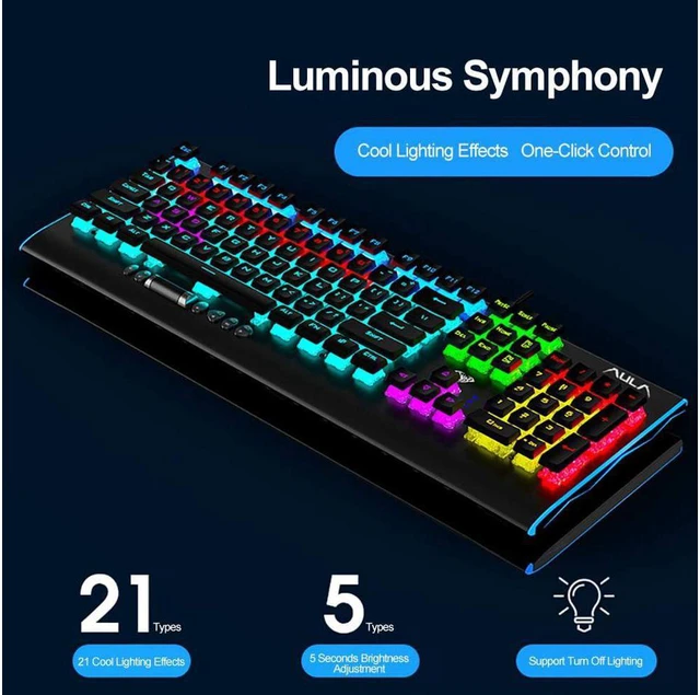 Alt view image 4 of 7 - AULA F2099 Mechanical Gaming Keyboard, 104 Keys Programmable, LED Backlit, Durable Metal Structure, USB Wired Gaming Keyboard