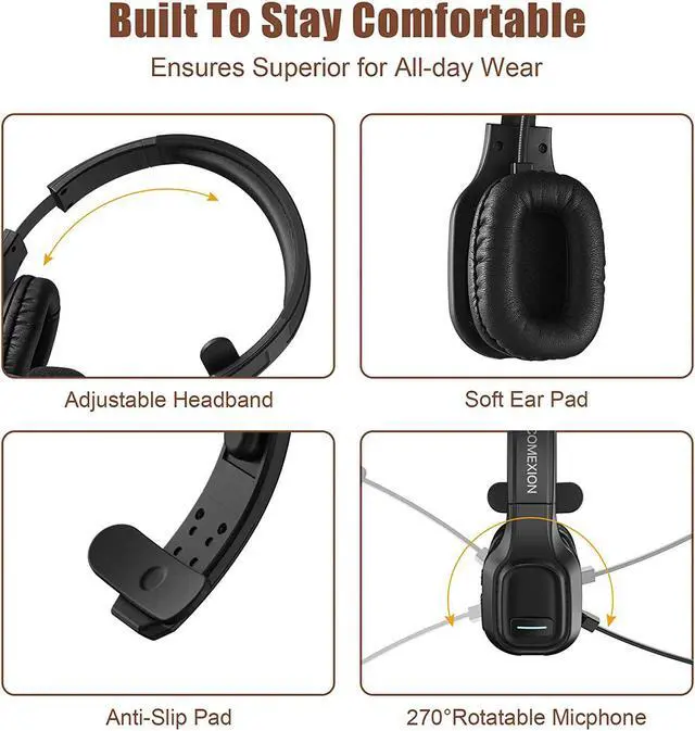 Alt view image 3 of 7 - COMEXION Trucker Bluetooth Headset V5.0, Wireless Headset with Noise Canceling&Mute Microphone for Cell Phones, On Ear Bluetooth Headphone with Wireless&Wired Mode for Trucker, Home Office, Skype