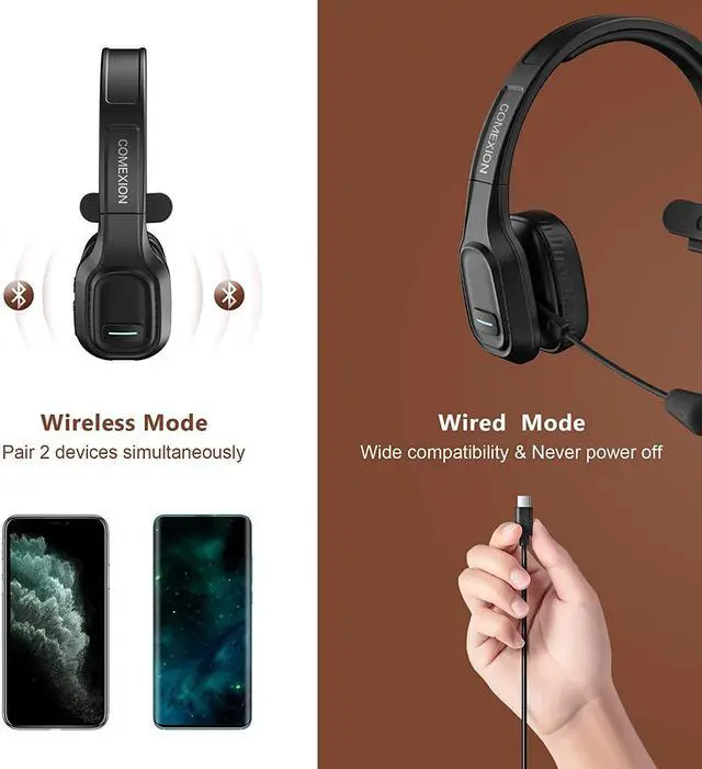 Alt view image 4 of 7 - COMEXION Trucker Bluetooth Headset V5.0, Wireless Headset with Noise Canceling&Mute Microphone for Cell Phones, On Ear Bluetooth Headphone with Wireless&Wired Mode for Trucker, Home Office, Skype