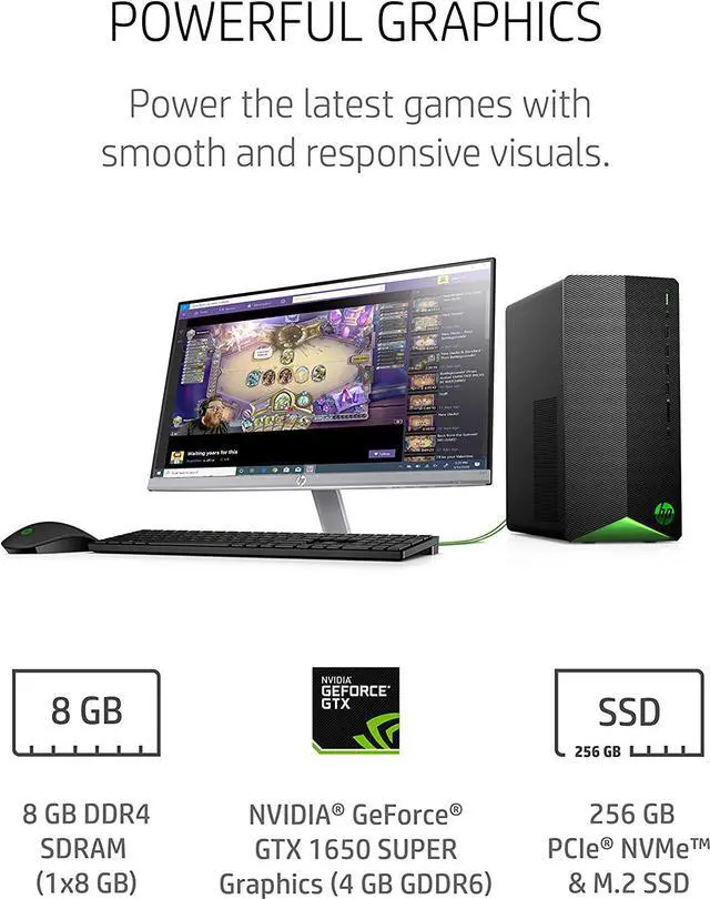 Alt view image 5 of 10 - HP Pavilion Gaming Desktop, NVIDIA GeForce GTX 1650 Super, Intel Core i3-10100, 8 GB DDR4 RAM, 256 GB PCIe NVMe SSD, Windows 10 Home, USB Mouse and Keyboard, Compact Tower Design (TG01-1022, 2020)
PC