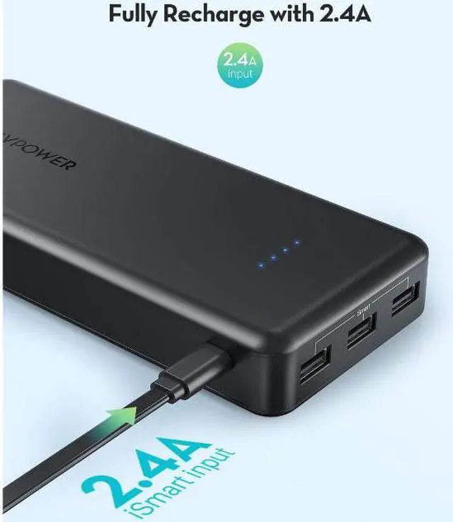 Alt view image 4 of 7 - RAVPower 22000 mAh 2.4A Input, 5.8A 3 USB Output Power Bank External Battery Pack Portable Charger - Black