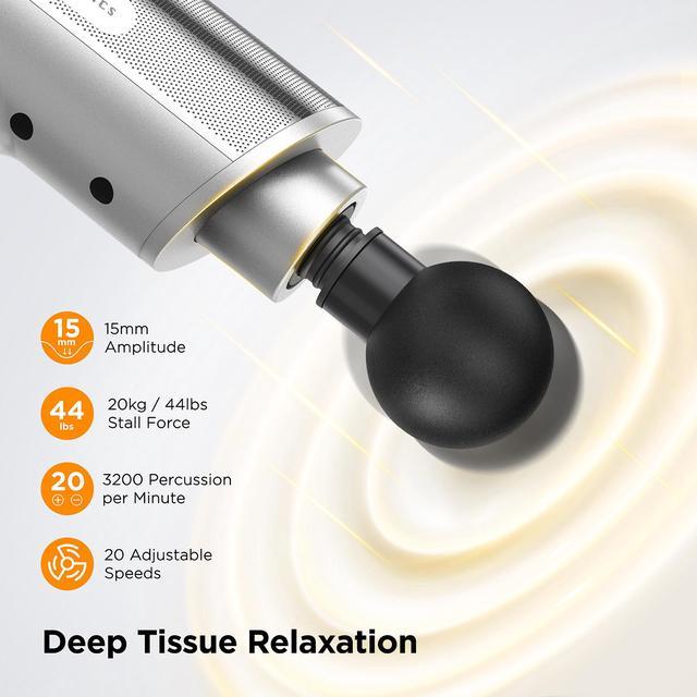 Massage Gun,TaoTronics Deep Tissue Percussion Muscle Massager Handheld  Cordless Back Massager with 20 Speeds and 6 Heads(Sliver) 