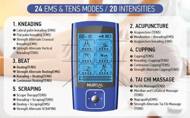 NURSAL 24 Modes Dual Channel TENS Machine EMS Unit Muscle Stimulator for  Pain Relief Therapy With 12 Pcs Electrode Pads US in Stock Fast Shipping 