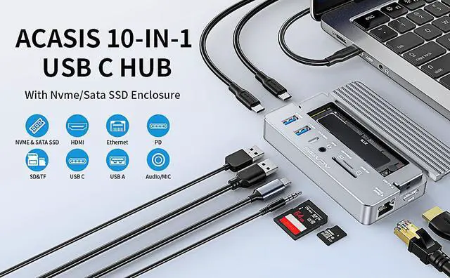 Alt view image 3 of 7 - ACASIS USB C Hub with SSD Enclosure with 4K60Hz HDMI, 10-in-1 USB-C Hub with M.2 NVMe SATA SSD Enclosure, SD/TF Card Reader, 100W PD, Compatible with Laptop, iPad, CM073