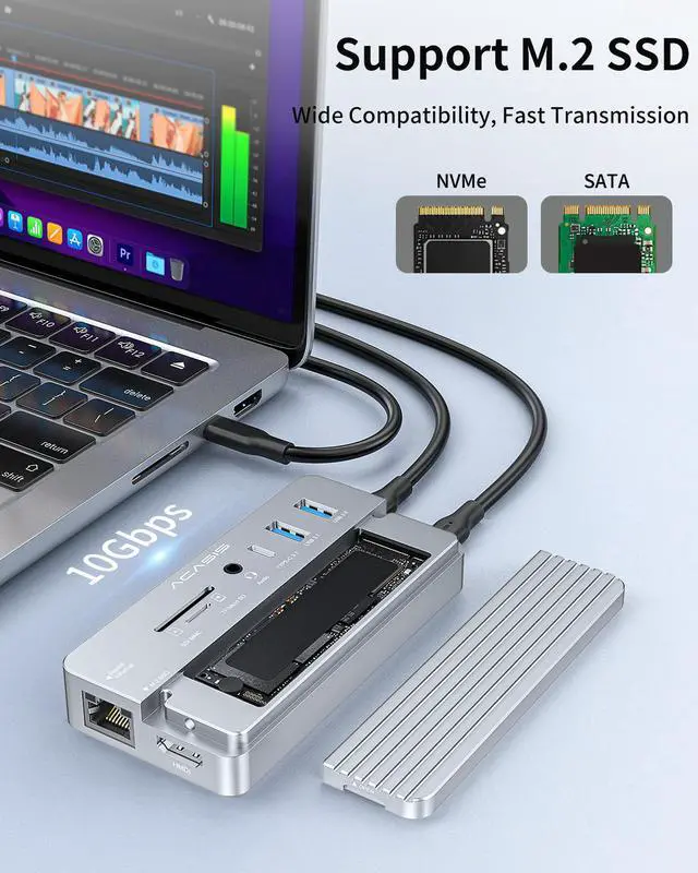 Alt view image 4 of 7 - ACASIS USB C Hub with SSD Enclosure with 4K60Hz HDMI, 10-in-1 USB-C Hub with M.2 NVMe SATA SSD Enclosure, SD/TF Card Reader, 100W PD, Compatible with Laptop, iPad, CM073