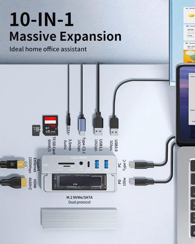 Alt view image 2 of 7 - ACASIS USB C Hub with SSD Enclosure with 4K60Hz HDMI, 10-in-1 USB-C Hub with M.2 NVMe SATA SSD Enclosure, SD/TF Card Reader, 100W PD, Compatible with Laptop, iPad, CM073