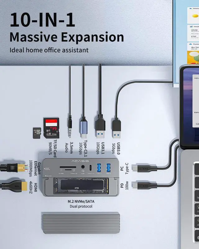 Alt view image 2 of 7 - ACASIS USB C Hub with SSD Enclosure with 4K60Hz HDMI, 10-in-1 USB-C Hub with M.2 NVMe SATA SSD Enclosure, SD/TF Card Reader, 100W PD, Compatible with Laptop, iPad, CM073