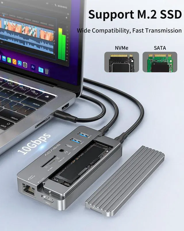 Alt view image 4 of 7 - ACASIS USB C Hub with SSD Enclosure with 4K60Hz HDMI, 10-in-1 USB-C Hub with M.2 NVMe SATA SSD Enclosure, SD/TF Card Reader, 100W PD, Compatible with Laptop, iPad, CM073