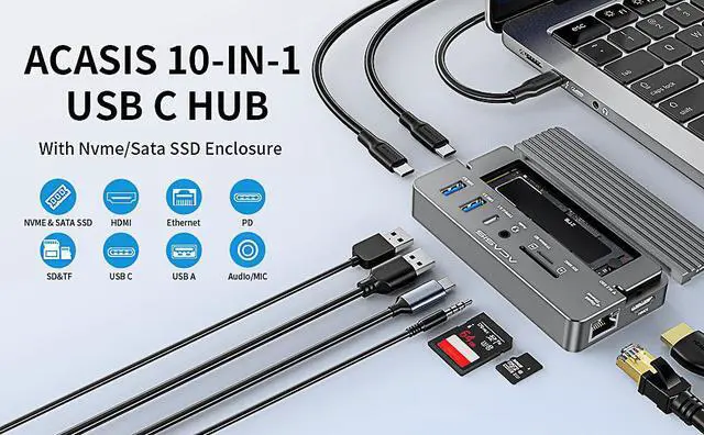 Alt view image 3 of 7 - ACASIS USB C Hub with SSD Enclosure with 4K60Hz HDMI, 10-in-1 USB-C Hub with M.2 NVMe SATA SSD Enclosure, SD/TF Card Reader, 100W PD, Compatible with Laptop, iPad, CM073