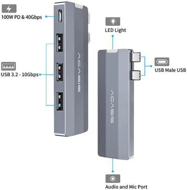 Alt view image 2 of 7 - ACASIS USB C Hub Adapter 5-in-1 Hub for 2022-2016 MacBook Pro/Air with 1*40Gbps & 3*10Gbps Data Ports 1*Gaming Audio, 100W Thunderbolt 3 PD Charing/ 3.5 Audio mic SPACE GRAY