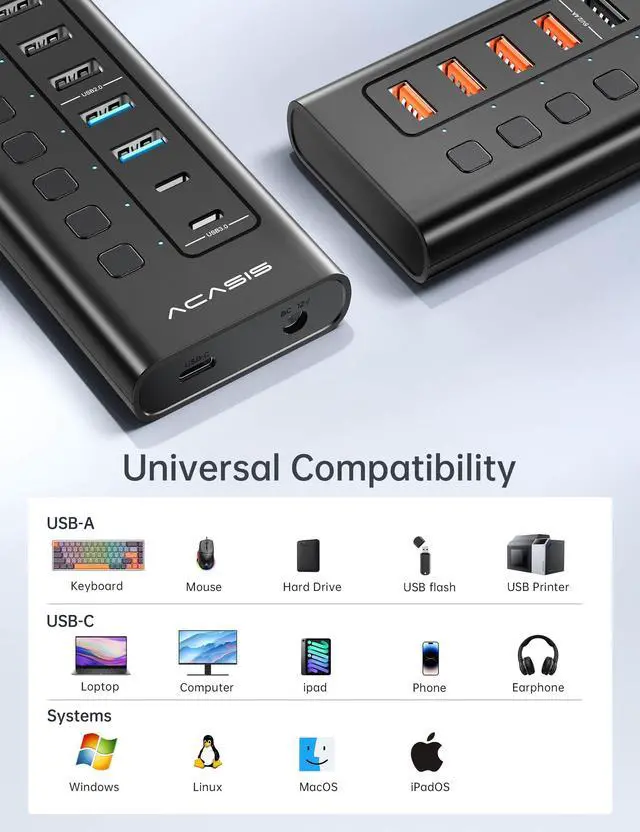 Alt view image 7 of 7 - ACASIS 11 Port Hub Splitter (4 USB 3.0+3 USB 2.0+4 Smart Charging) with Individual LED On/Off Switches, Power Adapter for Mac, DS511