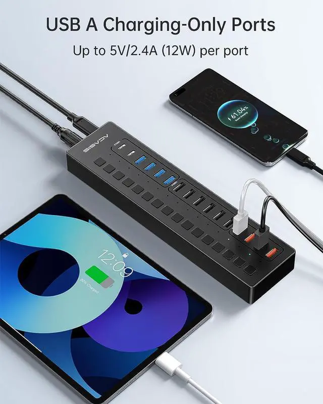 Alt view image 4 of 7 - Powered USB Hub, ACASIS 16 Port 60W USB Hub 3.0 with 4*USB A Smart Charging, 2*USB C 3.0, 10*USB A, Wall Mountable USB Hub, Individual On/Off Switches, 12V/5A DC Power Adapter for Laptops, PC,DS516