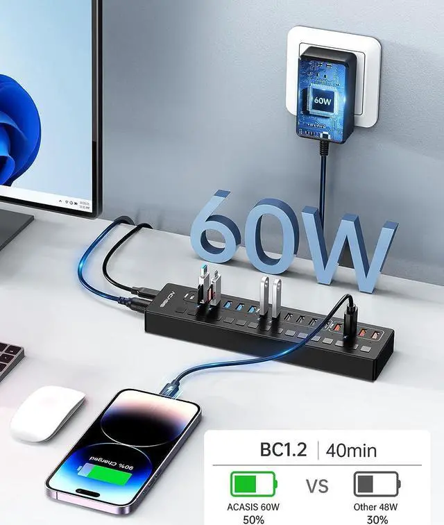 Alt view image 5 of 7 - Powered USB Hub, ACASIS 16 Port 60W USB Hub 3.0 with 4*USB A Smart Charging, 2*USB C 3.0, 10*USB A, Wall Mountable USB Hub, Individual On/Off Switches, 12V/5A DC Power Adapter for Laptops, PC,DS516