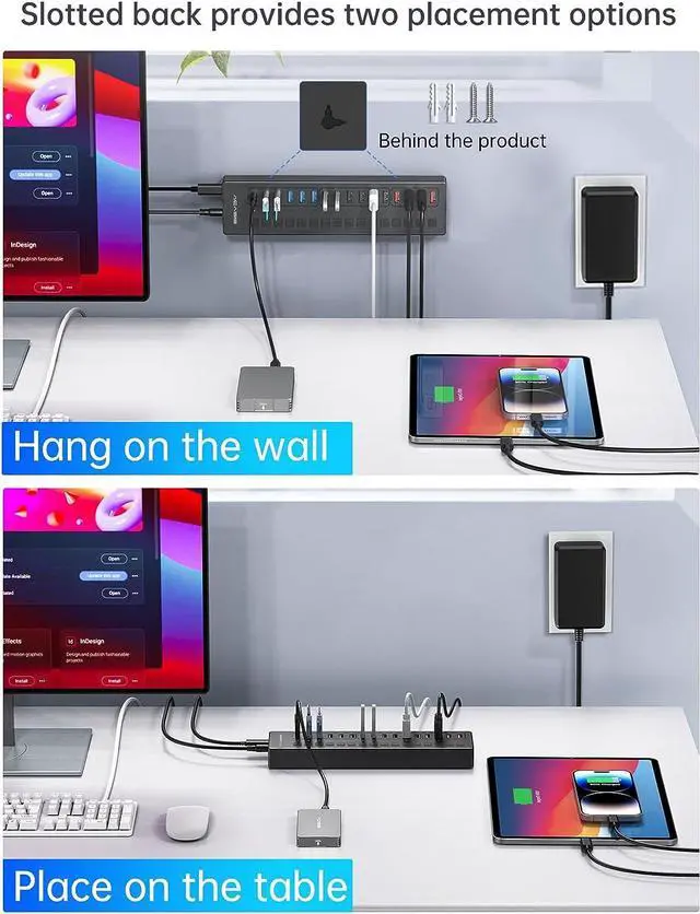 Alt view image 2 of 7 - Powered USB Hub, ACASIS 16 Port 60W USB Hub 3.0 with 4*USB A Smart Charging, 2*USB C 3.0, 10*USB A, Wall Mountable USB Hub, Individual On/Off Switches, 12V/5A DC Power Adapter for Laptops, PC,DS516