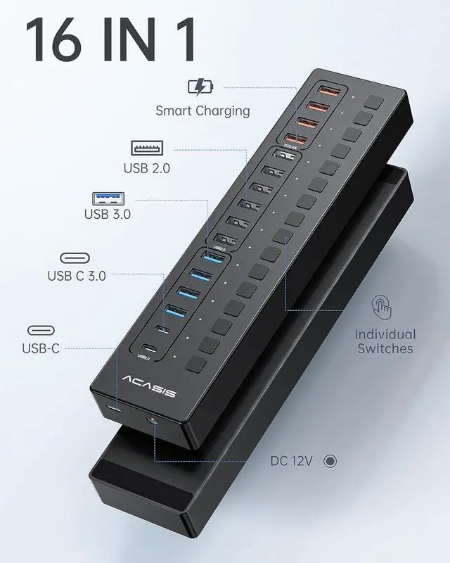 Alt view image 7 of 7 - Powered USB Hub, ACASIS 16 Port 60W USB Hub 3.0 with 4*USB A Smart Charging, 2*USB C 3.0, 10*USB A, Wall Mountable USB Hub, Individual On/Off Switches, 12V/5A DC Power Adapter for Laptops, PC,DS516