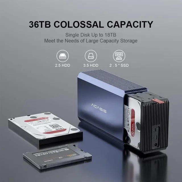 Alt view image 3 of 7 - ACASIS 2 Bay External Array 2.5"/3.5" USB 3.0 to SATA HDD RAID Enclosure, Aluminum Alloy RAID Array Dock, Support Storage Up to 36TB (2 x 18TB)