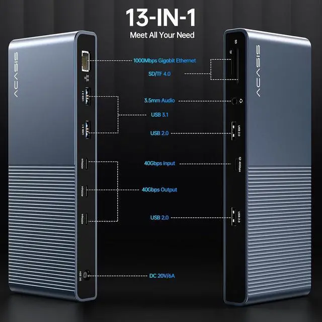 Alt view image 3 of 7 - Acasis 13-in-1 Thunderbolt 4 Pro Dock with 3x40Gbps Downstream Ports 13-in-1 Laptop Docking Station