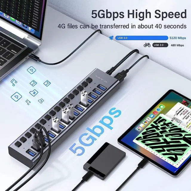 Alt view image 4 of 7 - ACASIS Powered USB Hub,16 Ports USB 3.0 Data Hub, Individual On/Off Switches, 12V7.5A 90W Power Adapter, USB Hub 3.0 Splitter Extension for MacBook, Mac Pro/Mini, iMac, Surface Pro Laptop/PC, HS716