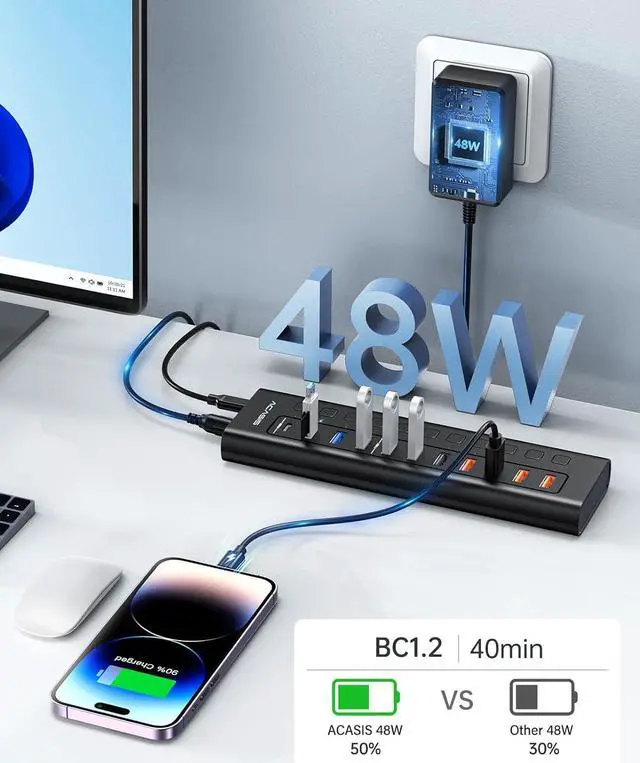 Alt view image 3 of 7 - ACASIS 11 Port Hub Splitter (4 USB 3.0+3 USB 2.0+4 Smart Charging) with Individual LED On/Off Switches, Power Adapter for Mac, DS511