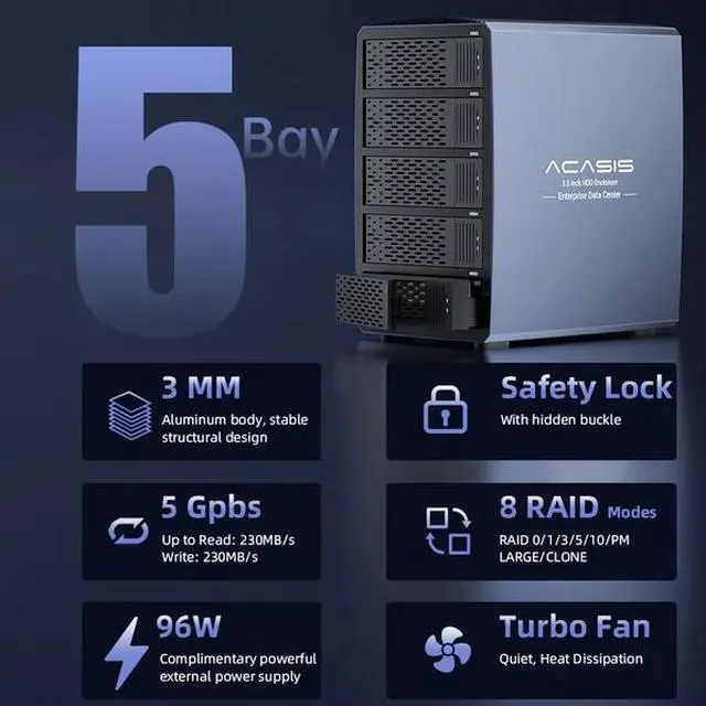 Alt view image 3 of 7 - Acasis EC-7355 5 Bay External HDD RAID Case | 2.5/3.5 Inch SATA | 8 RAID Modes | Single Disk 24TB | 96W Power