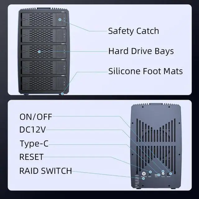 Alt view image 7 of 7 - Acasis EC-7355 5 Bay External HDD RAID Case | 2.5/3.5 Inch SATA | 8 RAID Modes | Single Disk 24TB | 96W Power