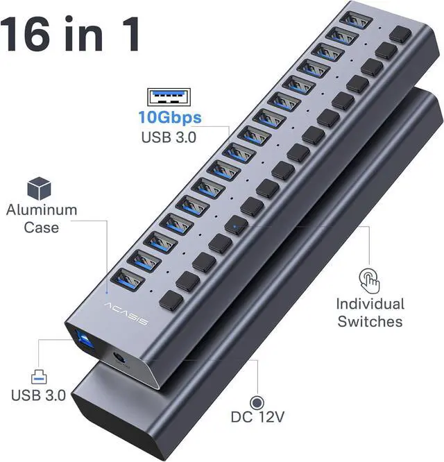 Alt view image 2 of 7 - ACASIS Powered USB 3.1 Hub, ACASIS 16 Ports USB 3.1 Hub with 10Gbps Data Speed,Aluminum Housing, USB Hub Powered with 90W Power Adapter, USB Hub for PC/Laptop, Computer, Flash Drive, Printer, Camera