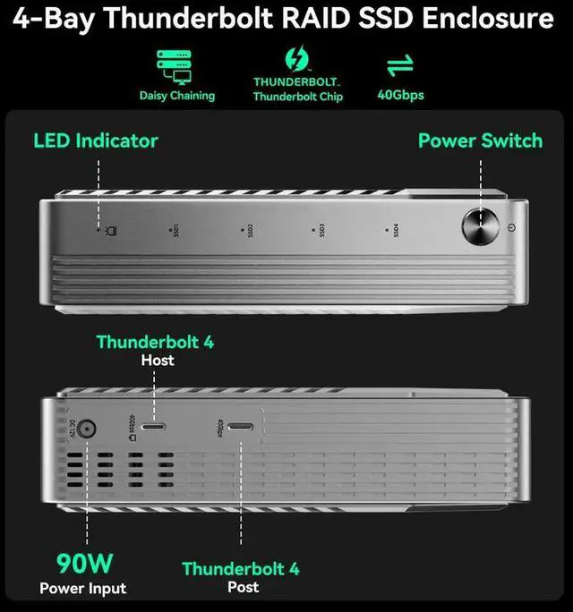 Alt view image 3 of 6 - Acasis 40Gbps Thunderbolt 4/3 M.2 NVMe 4 Bay RAID SSD Enclosure