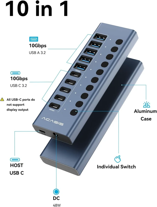 Alt view image 2 of 7 - ACASIS 10 Ports Powered USB 3.2 Hub (5 USB-A 3.2 +5 USB-C 3.2), 10Gbps