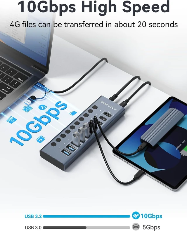 Alt view image 3 of 7 - ACASIS 10 Ports Powered USB 3.2 Hub (5 USB-A 3.2 +5 USB-C 3.2), 10Gbps
