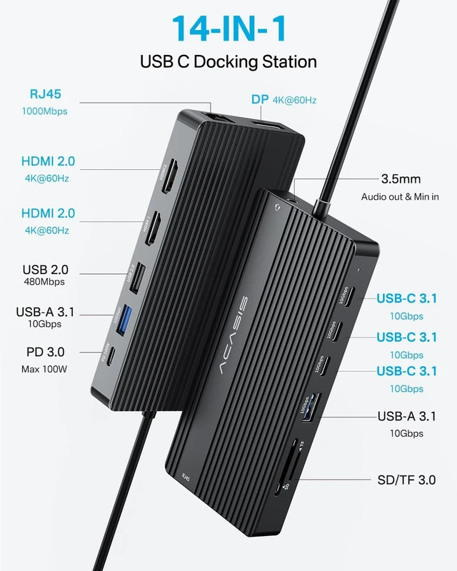 Alt view image 2 of 7 - Acasis 14 Ports 4K 60Hz USB C Docking Station with PD 100W Charging