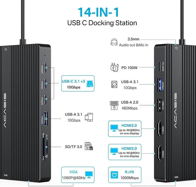 Alt view image 2 of 7 - ACASIS 14-in-1 4K 60Hz USB C Laptop Docking Station