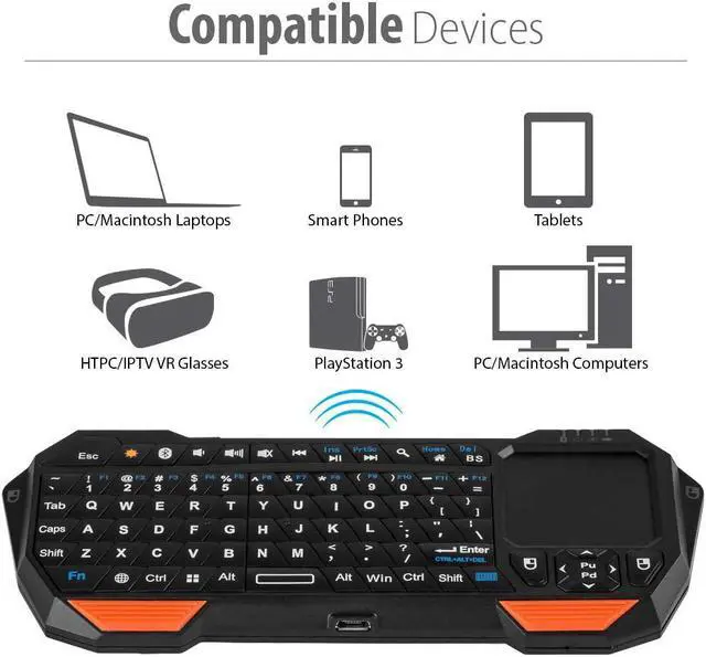 Alt view image 5 of 7 - Fosmon Mini Bluetooth Keyboard (QWERTY Keypad), Wireless Portable Lightweight with Built-In Touchpad, Compatible with Apple TV, PS4, HTPC/IPTVVR Glasses, Smartphones and more