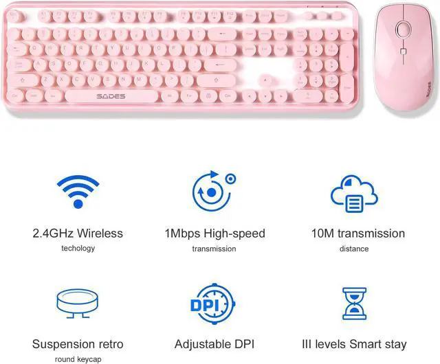 Alt view image 7 of 7 - Pink Wireless Keyboard Mouse Combo, 2.4GHz Retro Typewriter, Letton Full Size Office Computer Keyboard and Cute Mouse with 3 DPI for Mac PC Desktop Laptop