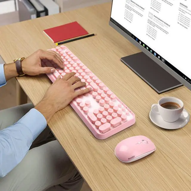 Alt view image 5 of 7 - Pink Wireless Keyboard Mouse Combo, 2.4GHz Retro Typewriter, Letton Full Size Office Computer Keyboard and Cute Mouse with 3 DPI for Mac PC Desktop Laptop