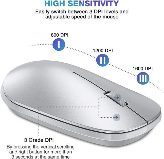 Alt view image 3 of 7 - Bluetooth Mouse for iPad and iPhone (iPadOS 13 / iOS 13 and Above), Ultra-Thin Wireless Mouse Compatible with Bluetooth Enabled Computer, Laptop, PC, Notebook, and Mac Series (Silver)