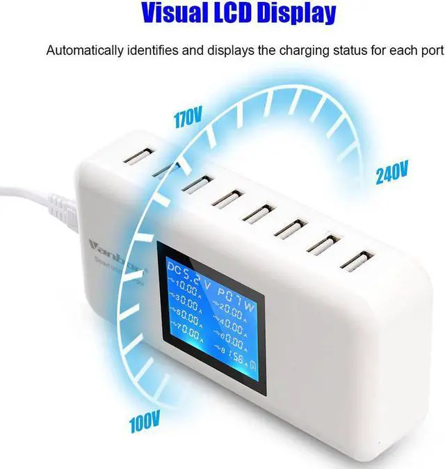 Alt view image 3 of 7 - 60W/12A 8-Port Desktop Charging Station Multiple USB Multi Port Travel Fast Wall Charger Hub with LCD for Smart Phones Tablet and More (White)