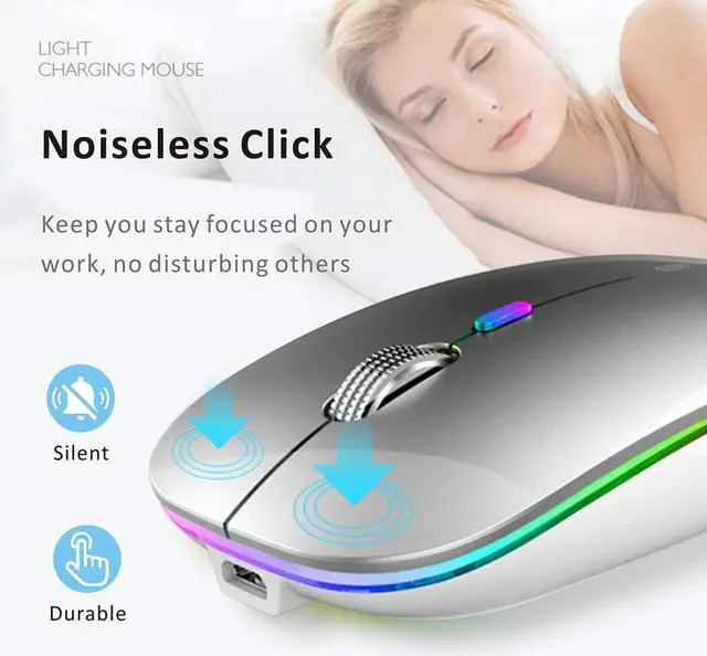 Alt view image 5 of 7 - LED Wireless Mouse Uiosmuph G12 Slim Rechargeable Wireless Silent Mouse 2.4G Portable USB Optical Wireless Computer Mice with USB Receiver and Type C Adapter (Silver)